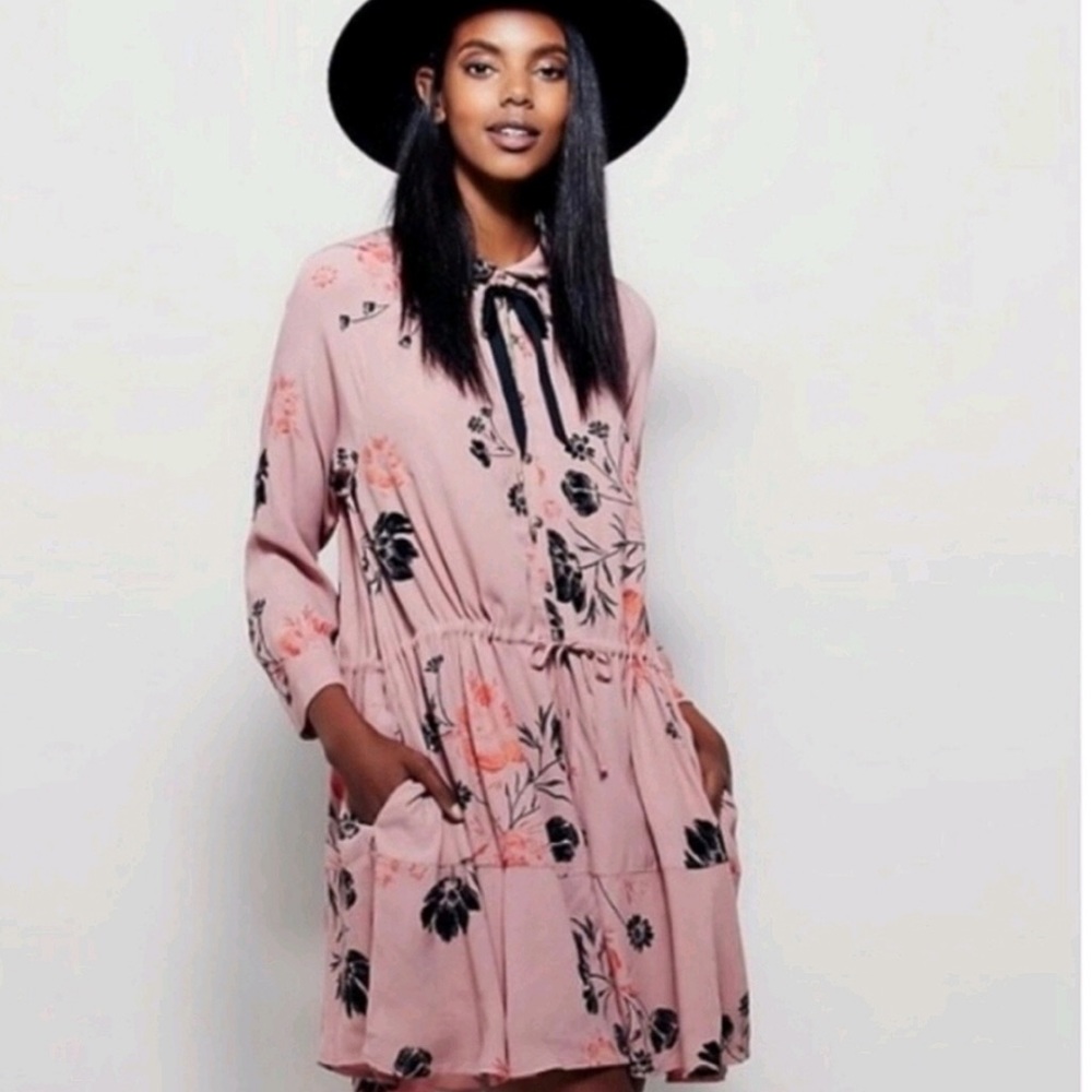 Free People Lena Mini Shirt Dress Pink/Coral Floral size xs